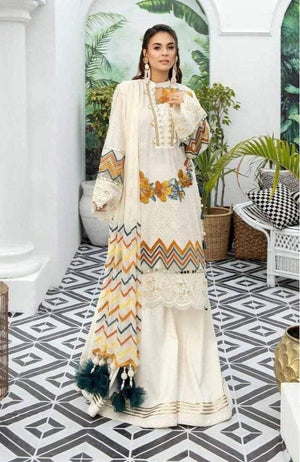 Libaas Boski-Shifli Embroided 3pc lawn chicken dress with embroided net dupatta.
