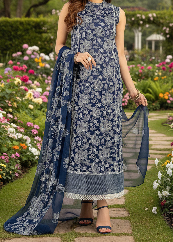 GRACE A7-Embroided 3pc linen dress with embroidered chiffon dupatta.