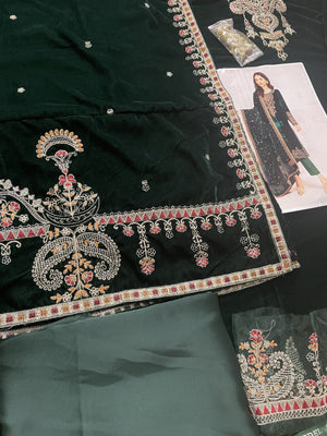 Grace Emerald - Embroidered 3pc velvet dress with Velvet Embroidered shawl