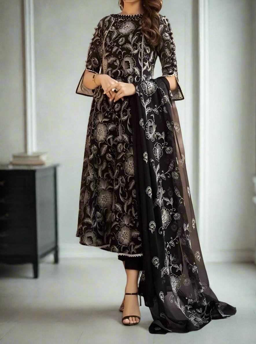 Grace A6 Black-Embroided 3pc linen dress with embroidered chiffon dupa -  gracestore.pk