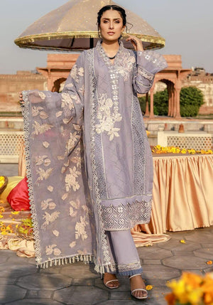 Elaf Lilac- Embroidered Chikan kari & mirror work 3pc lawn dress with Khaadi Net dupatta.