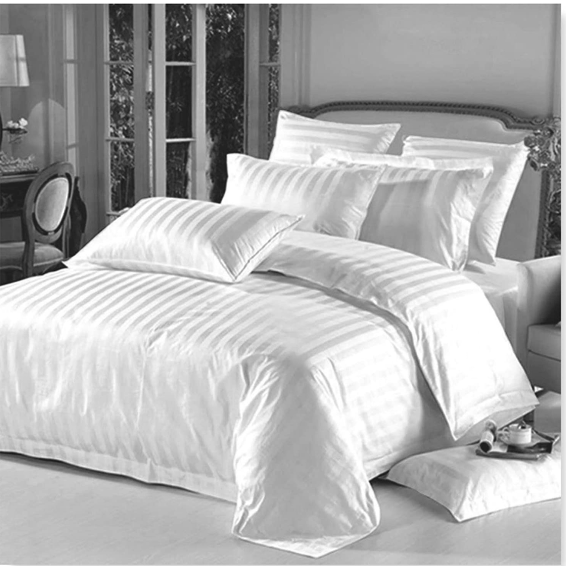Grace D09- 3PC Luxury White Satin Stripe King Size Duvet Cover Set.